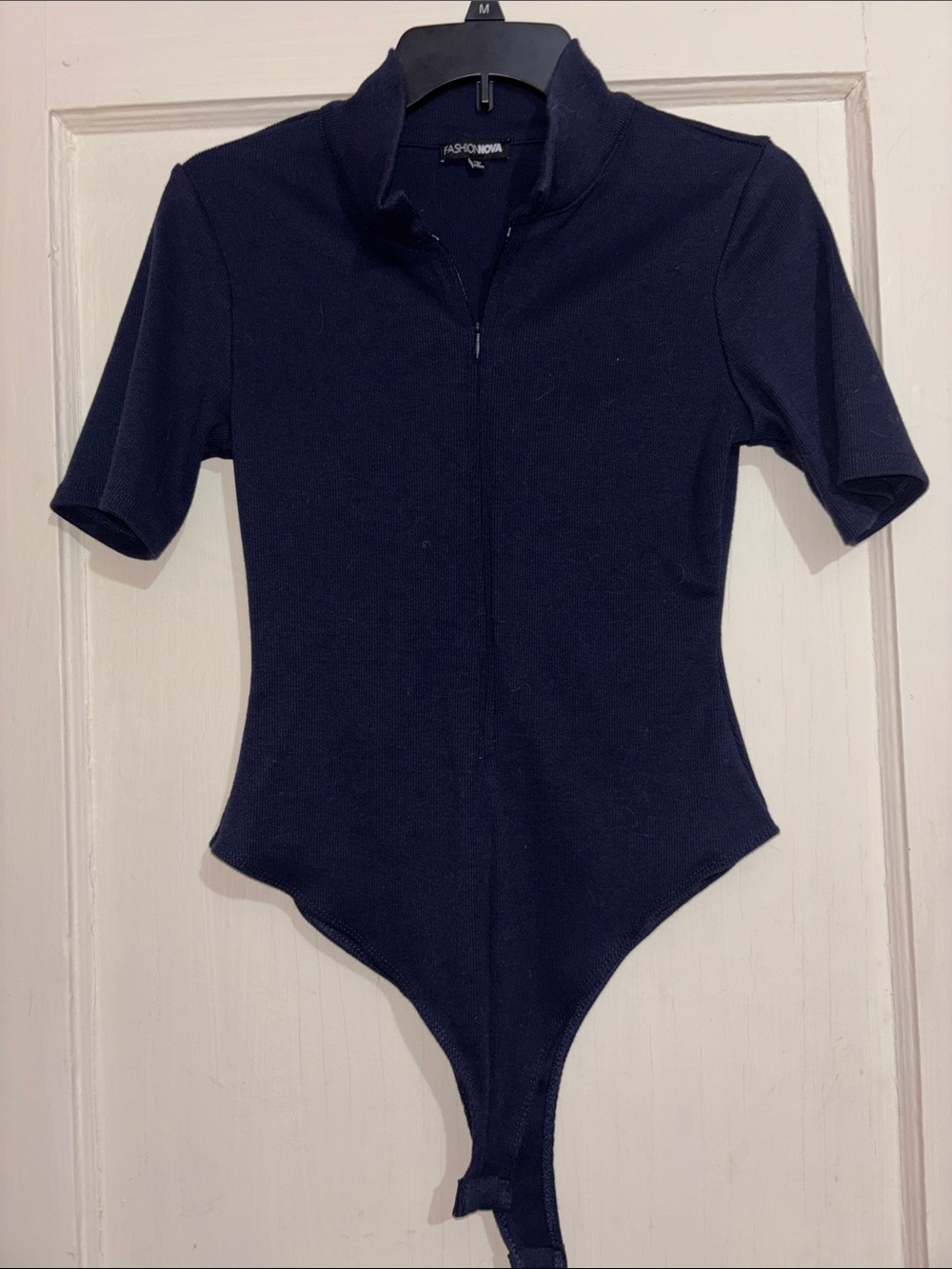 Fashion Nova Navy Short-Sleeve Zip-Front woman one piece bodysuit